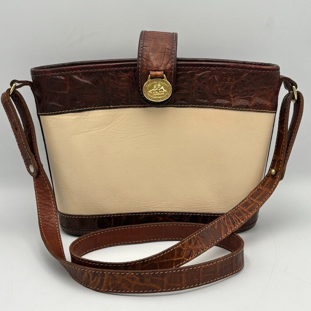 Vintage Brahim Leather Brown Crocodile Beige Crossbody Handbag